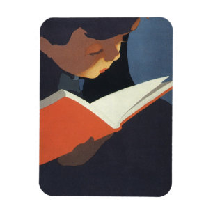 Imán Niño de la época leyendo un libro de la biblioteca