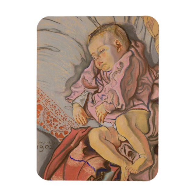 Imán Niño joven durmiendo en una almohada (Vertical)