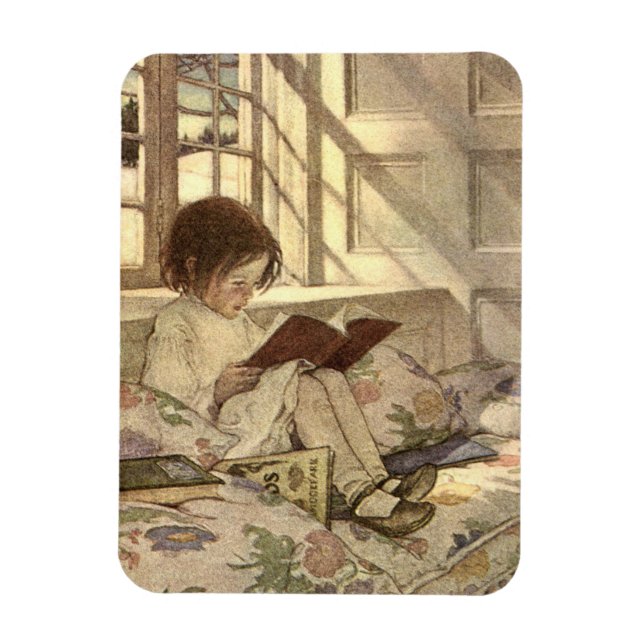 Imán Niño ventilado leyendo un libro, Jessie Willcox Sm (Vertical)