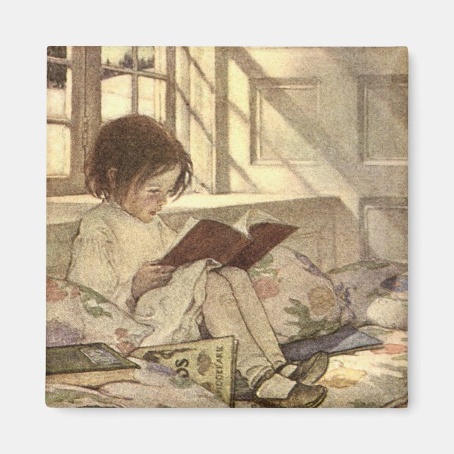 Imán Niño ventilado leyendo un libro, Jessie Willcox Sm (Frente)