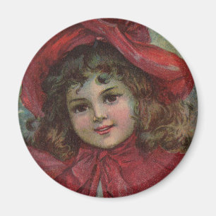 Imán Niño vintage de Navidad con vestido victoriano roj