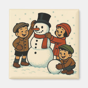 Imán Niños antiguos construyendo un muñeco de nieve