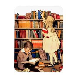 Imán Niños Antiguos Leyendo Libros de Biblioteca