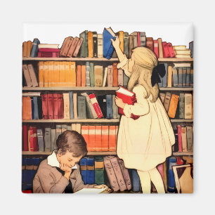 Imán Niños Antiguos Leyendo Libros de Biblioteca