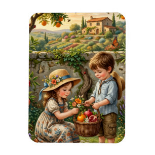Imán Niños cosechando manzanas en el rústico campo G