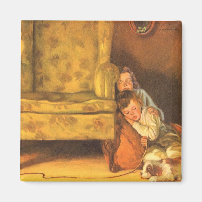 Imán Niños de Navidad añejos esperando a Papá Noel (Frente)