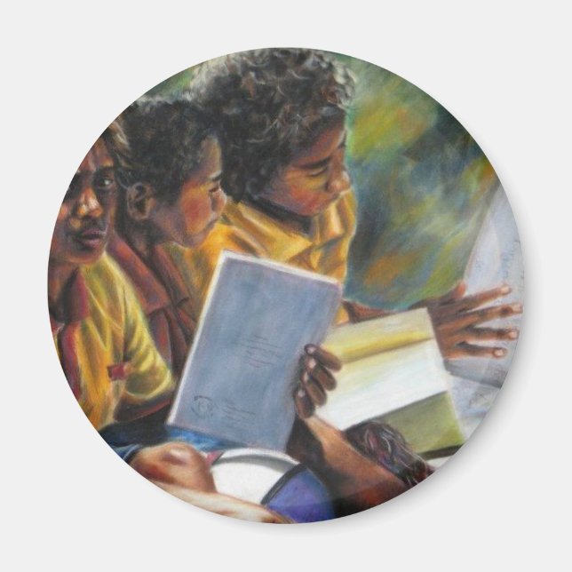 Imán Niños de Papúa Nueva Guinea leyendo libros (Frente)