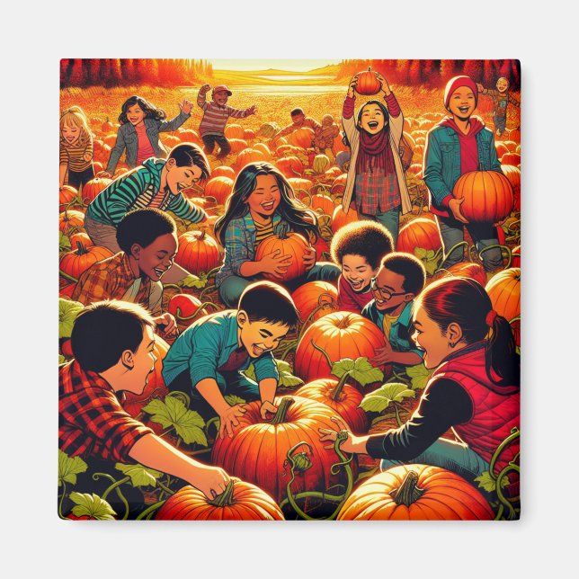 Imán Niños divertiéndose en la Halloween del Parche de  (Frente)