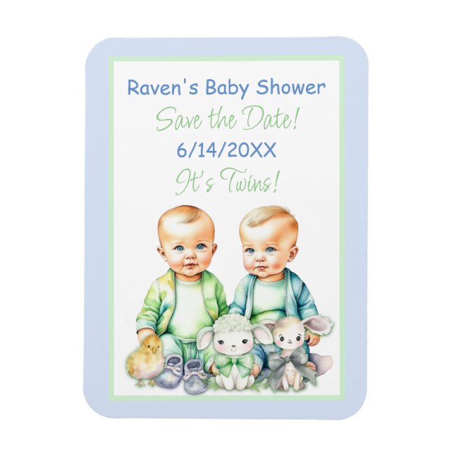 Imán Niños gemelos azules y verdes Baby Shower salvan l (Vertical)
