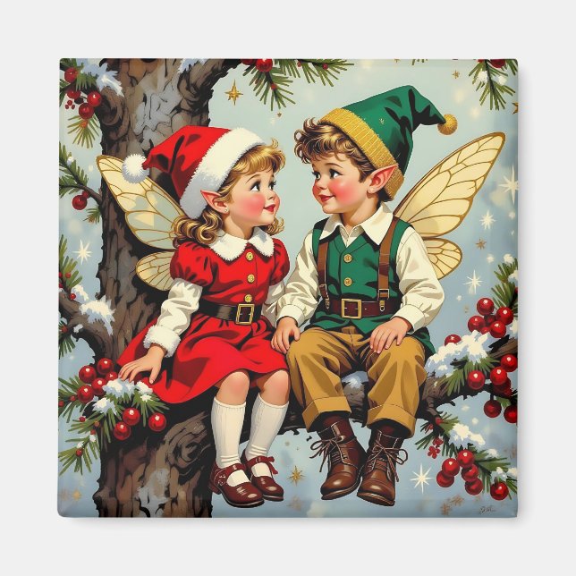 Imán Niños Hadas Elficas Vintage Navidad  (Frente)