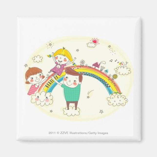 Imán Niños jugando en el arco iris (Frente)