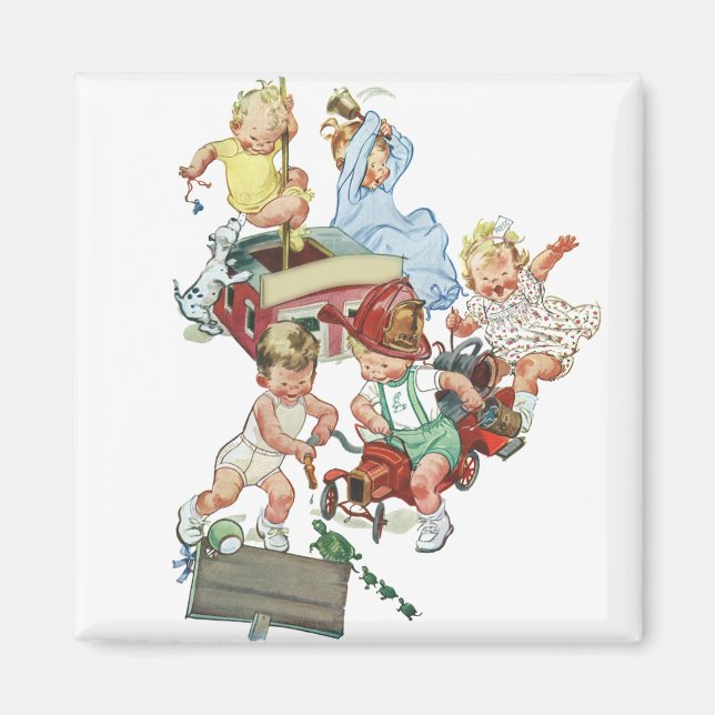 Imán Niños pequeños de la época jugando con camiones de (Frente)