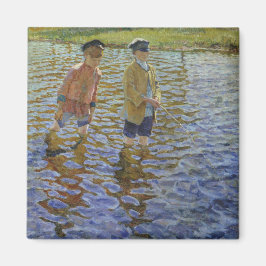 Imán Niños pescando en el río (Anglers de época)