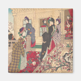 Imán Niños que juegan en la nieve debajo de árboles d