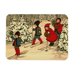 Imán Niños vintage patinando a través de un bosque neva