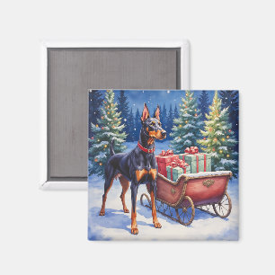 Imán Noble Doberman Custodiando Trineo de Navidad Invie