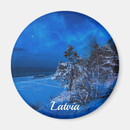 Imán Noche de invierno con pinos cubiertos de nieve en 