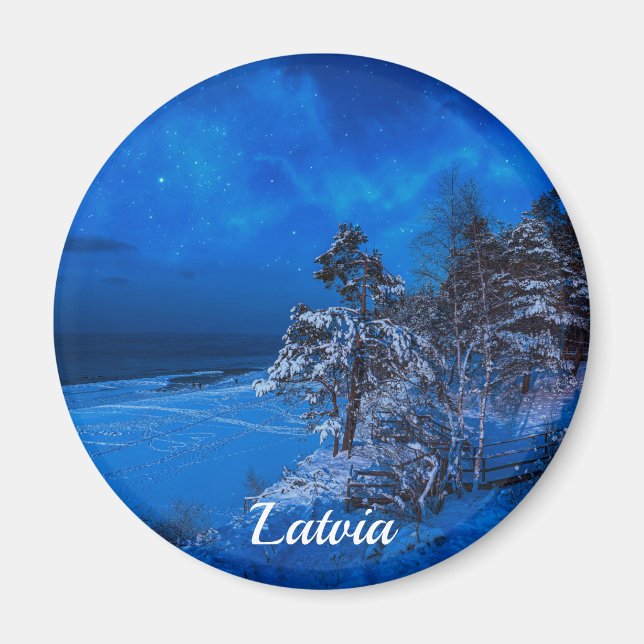 Imán Noche de invierno con pinos cubiertos de nieve en  (Frente)