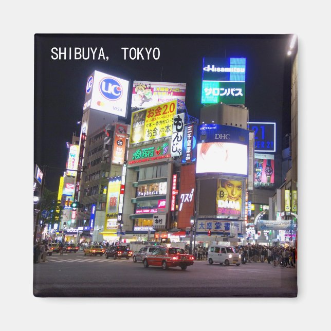 Imán Noche de la ciudad de Shibuya en Tokio, Japón (Frente)