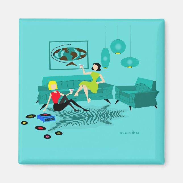 Imán Noche Retro Chica En El Magnet Cuadrado (Frente)