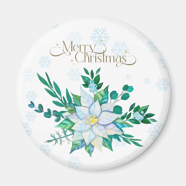 Imán Nochebuena Nochebuena Poinsettia White Snowflakes (Frente)