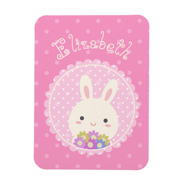 Imán Nombra personalizada de Kawaii Bunny y Flores de c (Vertical)
