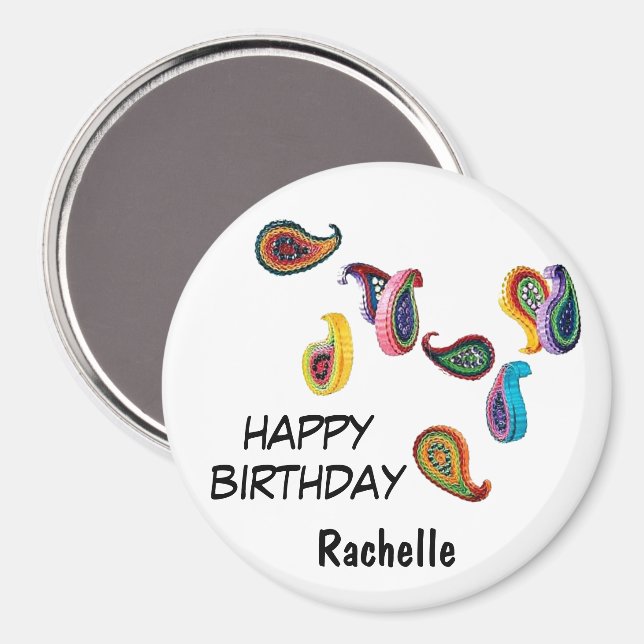 Imán Nombre, 3 pulgadas Feliz cumpleaños Quilled Paisle (Anverso/Reverso)