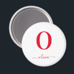Imán Nombre De Guión Monograma Blanco Y Rojo Personaliz<br><div class="desc">Este elegante diseño de un monograma y un elegante guión se puede dar como regalo para un cumpleaños,  un favor de boda,  una ducha de novia o cualquier ocasión. Se puede personalizar con el nombre y la inicial de la persona.</div>