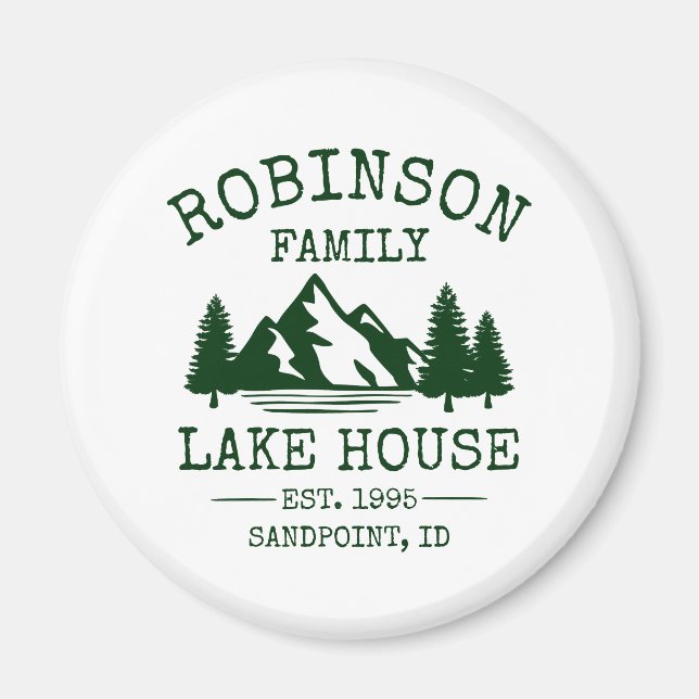 Imán Nombre de la familia Lake House Forest Green Trees (Frente)
