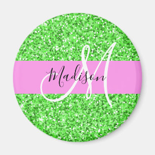 Imán Nombre de monograma con brillo rosa y verde Glam