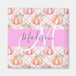 Imán Nombre de monograma de calabaza rosa rosada floral