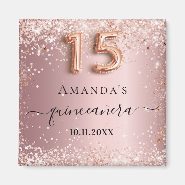 Imán Nombre de oro rosa rosa rosado de Quinceanera (Frente)