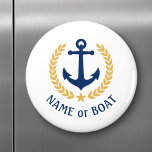 Imán Nombre del barco Anchor Estilo Oro Laurel azul bla<br><div class="desc">Un imán redondo personalizado con el nombre de su barco, el apellido u otro texto deseado según sea necesario. Con un ancla náutica diseñado por un personalizado, hojas de laurel de estilo dorado y emblema estrella sobre blanco o ajustar fácilmente el color primario para que coincida con el tema actual....</div>