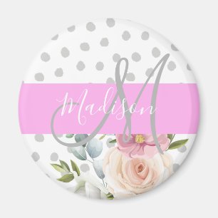 Imán Nombre del monograma de gris rosa rosa rosa blanco