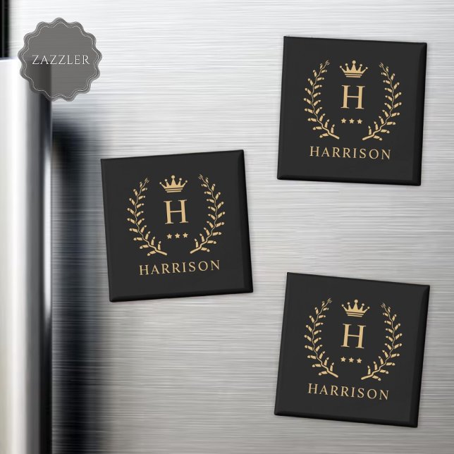 Imán Nombre del personalizar y Monograma inicial de oro (Customize Name & Initial Black White Gold Monogram Magnet)