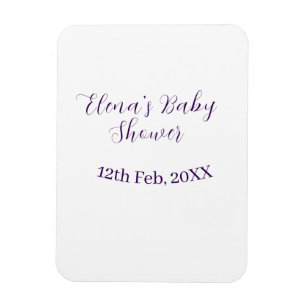 Imán nombre fecha de baby shower morado elegante simple