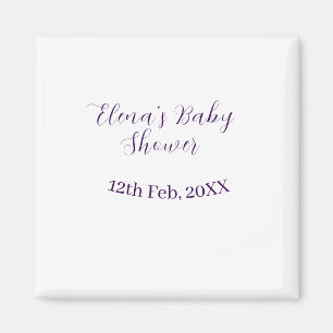 Imán nombre fecha de baby shower morado elegante simple