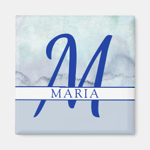 Imán Nombre   Monograma azul acuarela