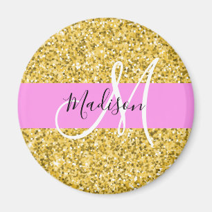 Imán Nombre monograma con brillo rosa y dorado