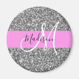 Imán Nombre Monograma Destellos Brillo Rosa y Plata Gla