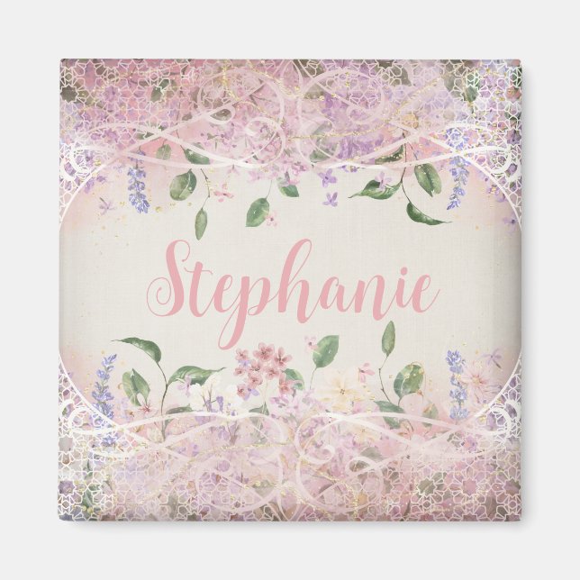 Imán Nombre personalizado de floral rosa de Rubor (Frente)