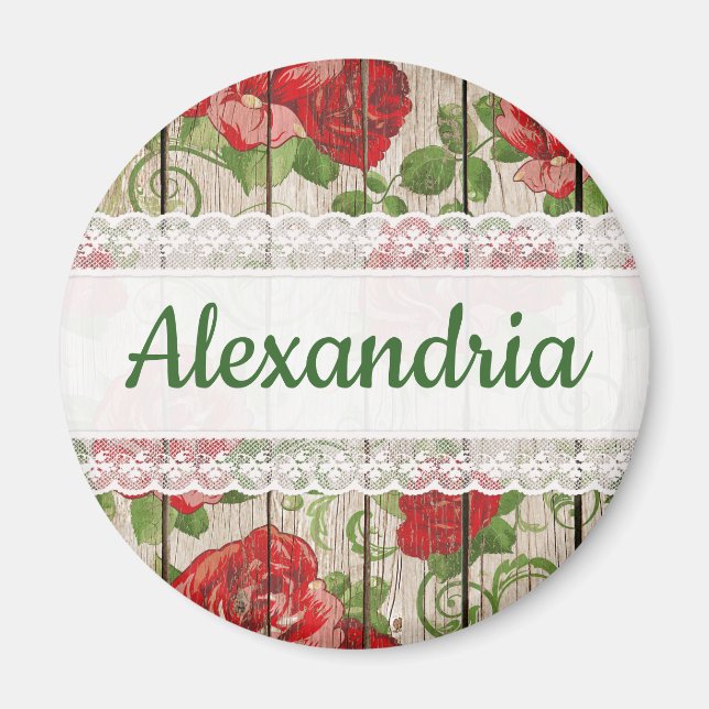Imán Nombre personalizado de Rosas de encaje de madera  (Frente)