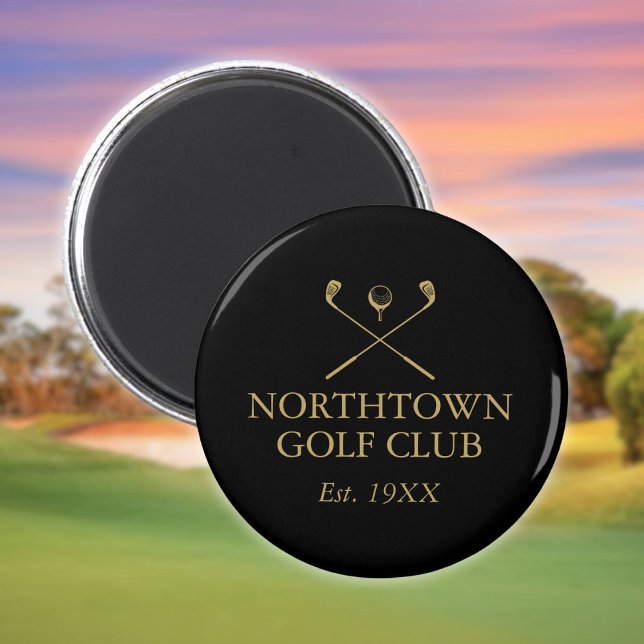 Imán Nombre Personalizado Del Club De Golf Negro Y Oro (Personalized Golf Club Name Black And Gold Magnet)
