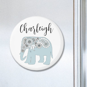 Imán Nombre Personalizado Elefante Paisley Azul