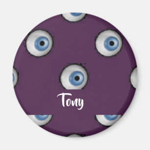 Imán Nombre personalizado en ojos grandes sobre morado