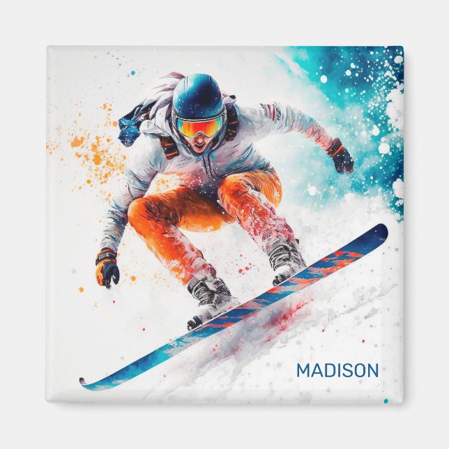Imán Nombre personalizado Ilustracion Snowboarder (Frente)