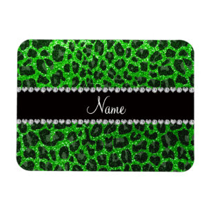 Imán Nombre personalizado lime verde purpurina leopardo