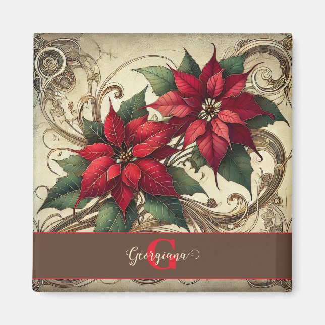 Imán Nombre personalizado Navidades Art Nouveau Poinset (Frente)