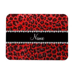 Imán Nombre personalizado neón rojo purpurina leopardo