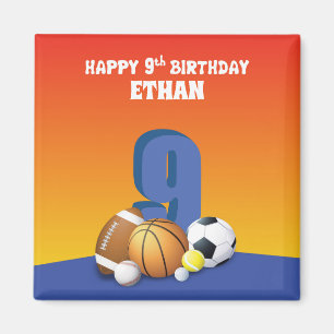 Imán Nombre personalizado niño 9 cumpleaños pelotas de